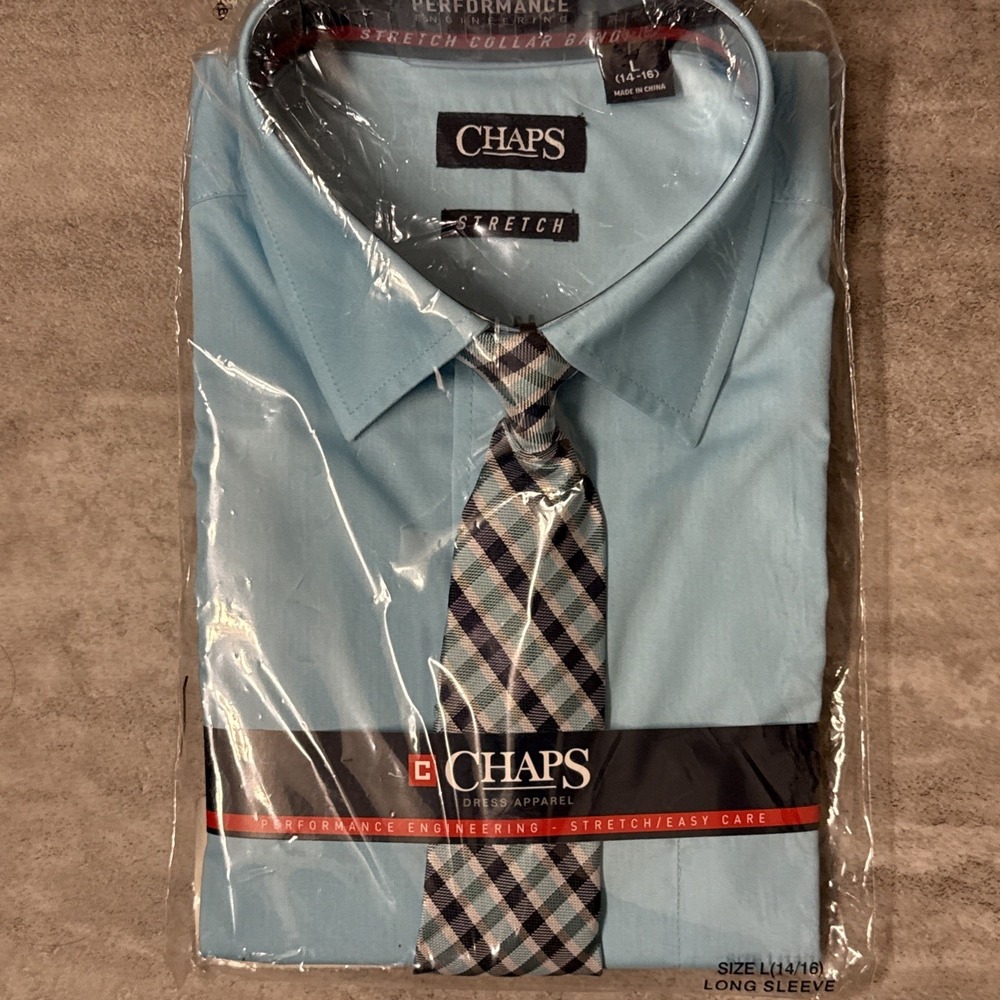 Chaps Performance Stretch Collar Dress Shirt/tie  Large (14-16) Blue/green NWT